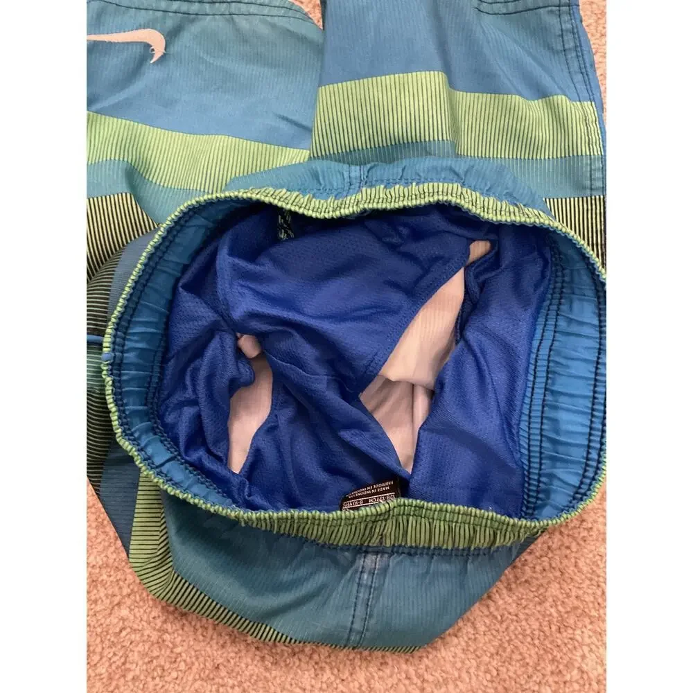 Nike Boys Blue Green Striped Swim Trunks Beach Pool Swimwear, S (8-10 years)